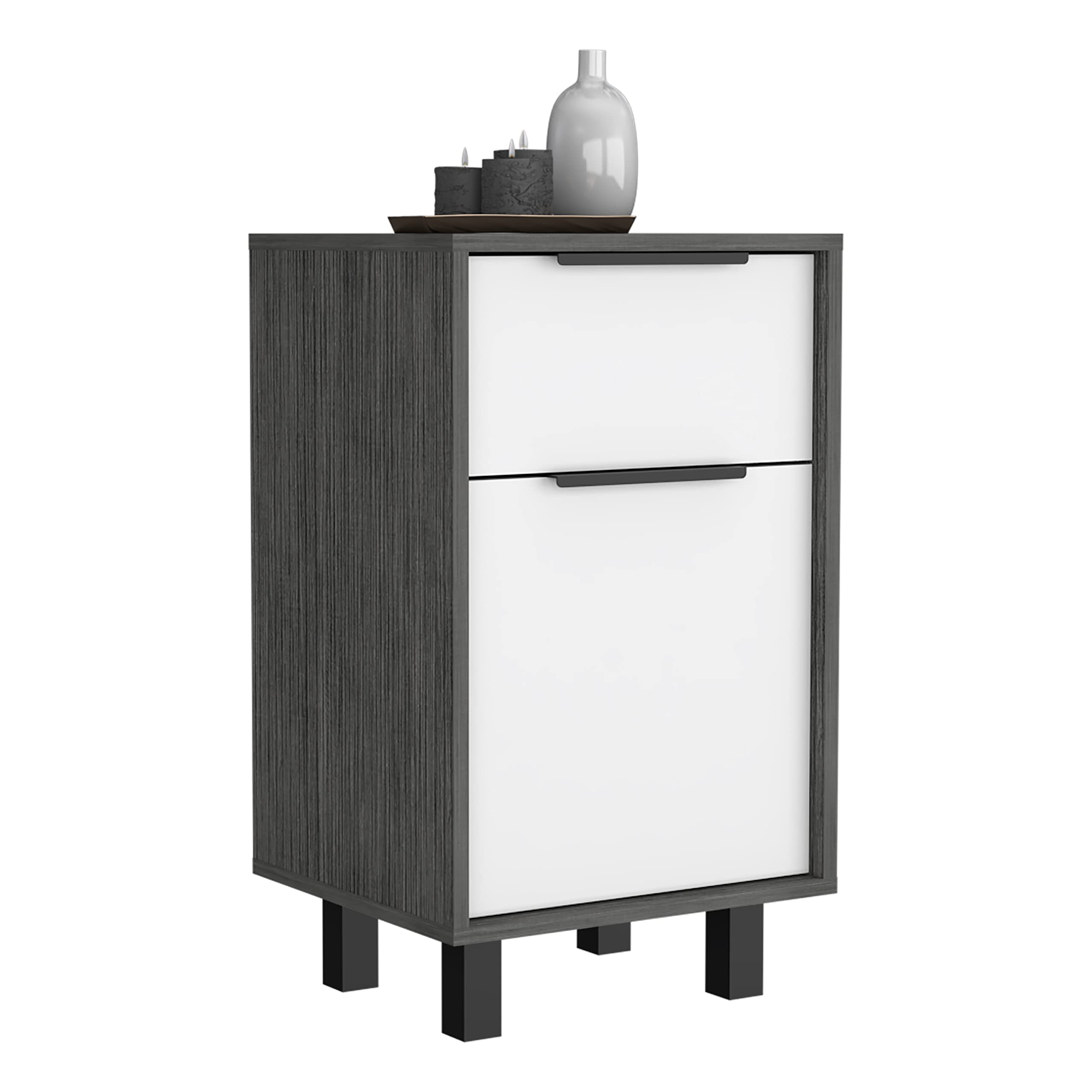 Nightstand 27&Quot; H, 1 Drawer, Storage With Door, 4 Legs, Smokey Oak/White
